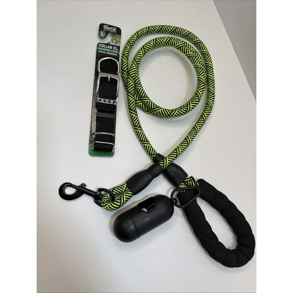 Braided Rope Leash Strong Reflective Lime Green 6ft  With Large Black Dog Collar